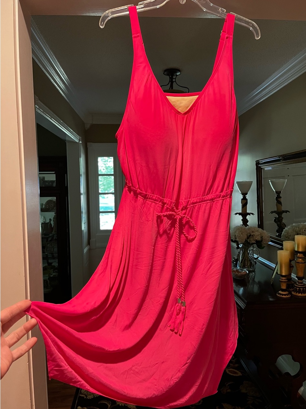Women's Hot Pink One-Piece Swim Dress with Adjustable Waist